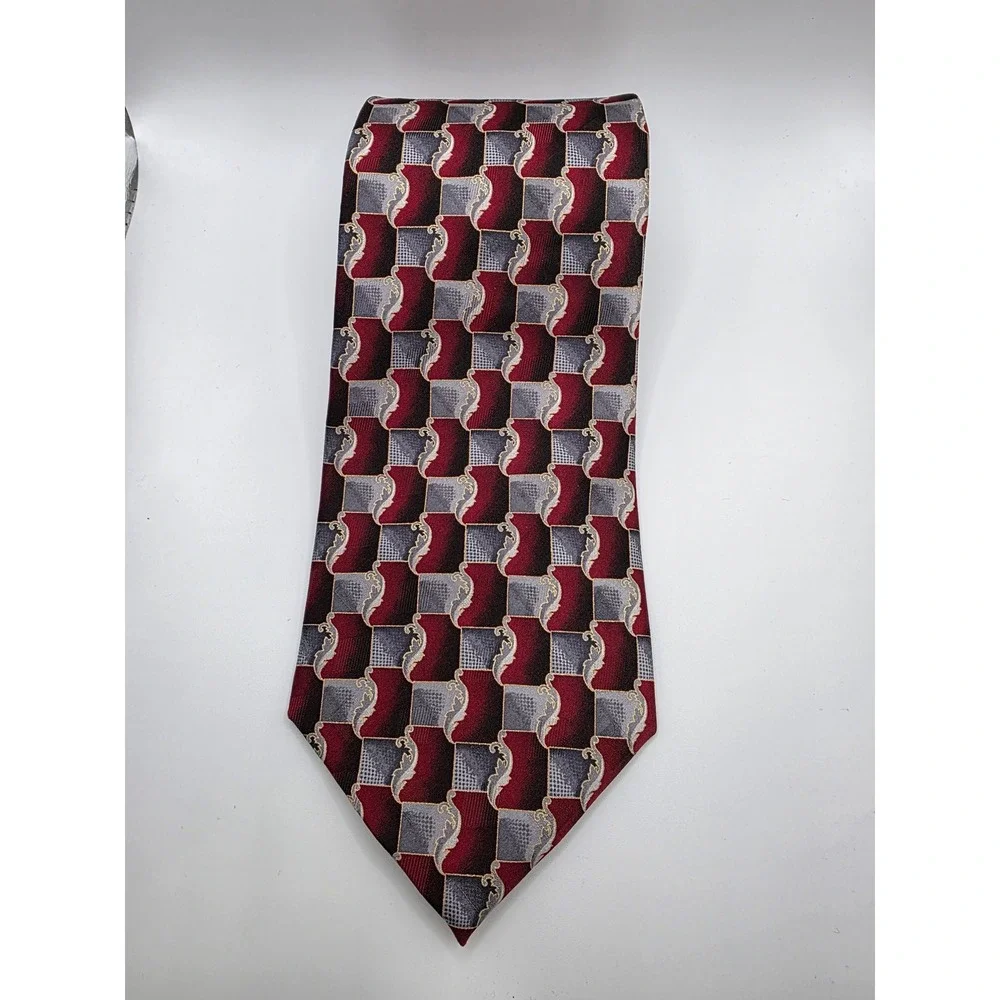 Pierre Cardin Men's Silk Necktie Burgundy Gray Geometric Pattern Formal Business